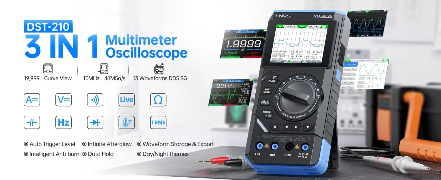 Handheld 3-in-1 digital multimeter and oscilloscope device displayed on a workbench with waveform graphics and test leads, shown in a technical product-style promotional image.
